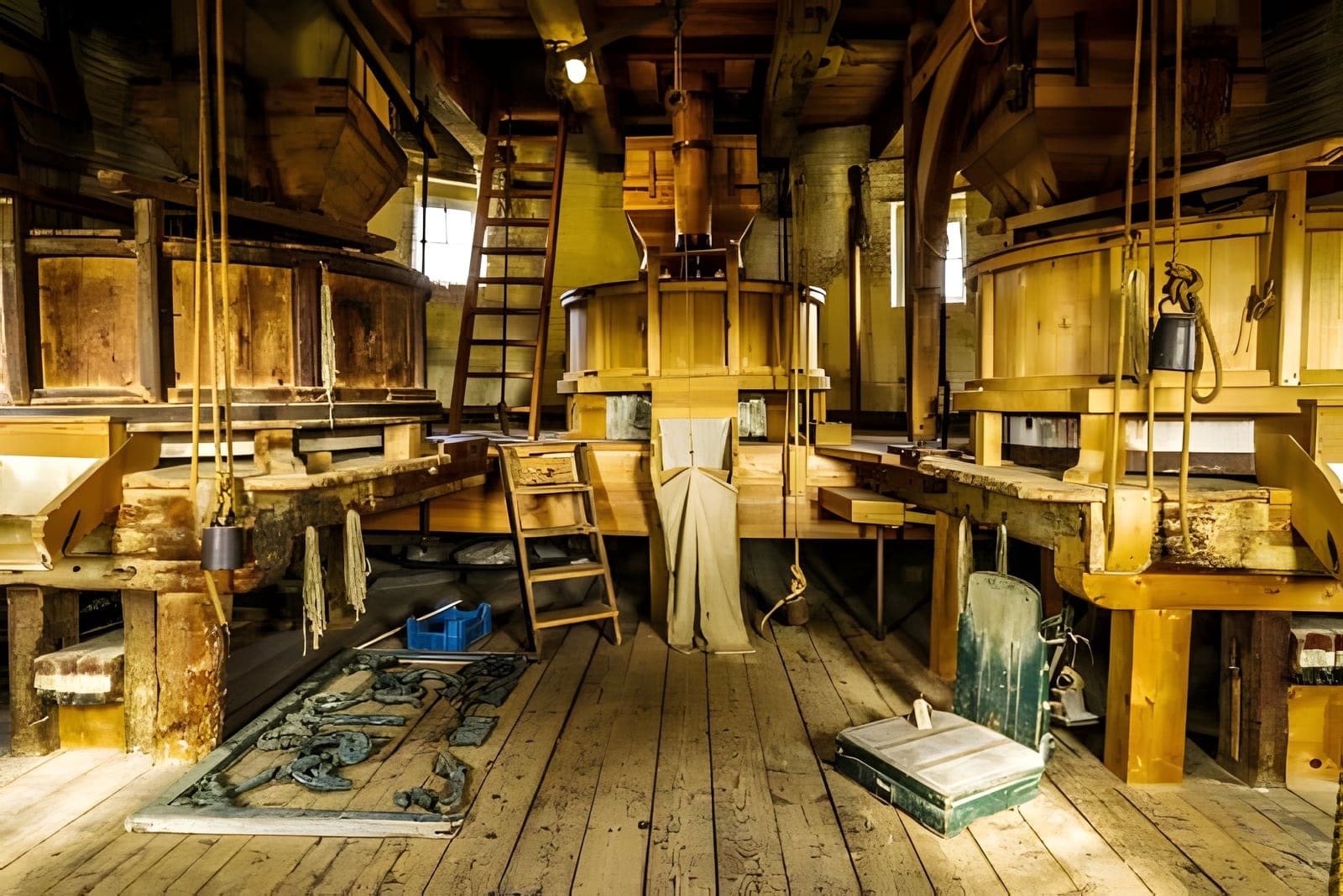 Het houten drijfwerk onder de kap van de molen, met de schoepen en ladders waarmee het graan nog altijd gemalen wordt